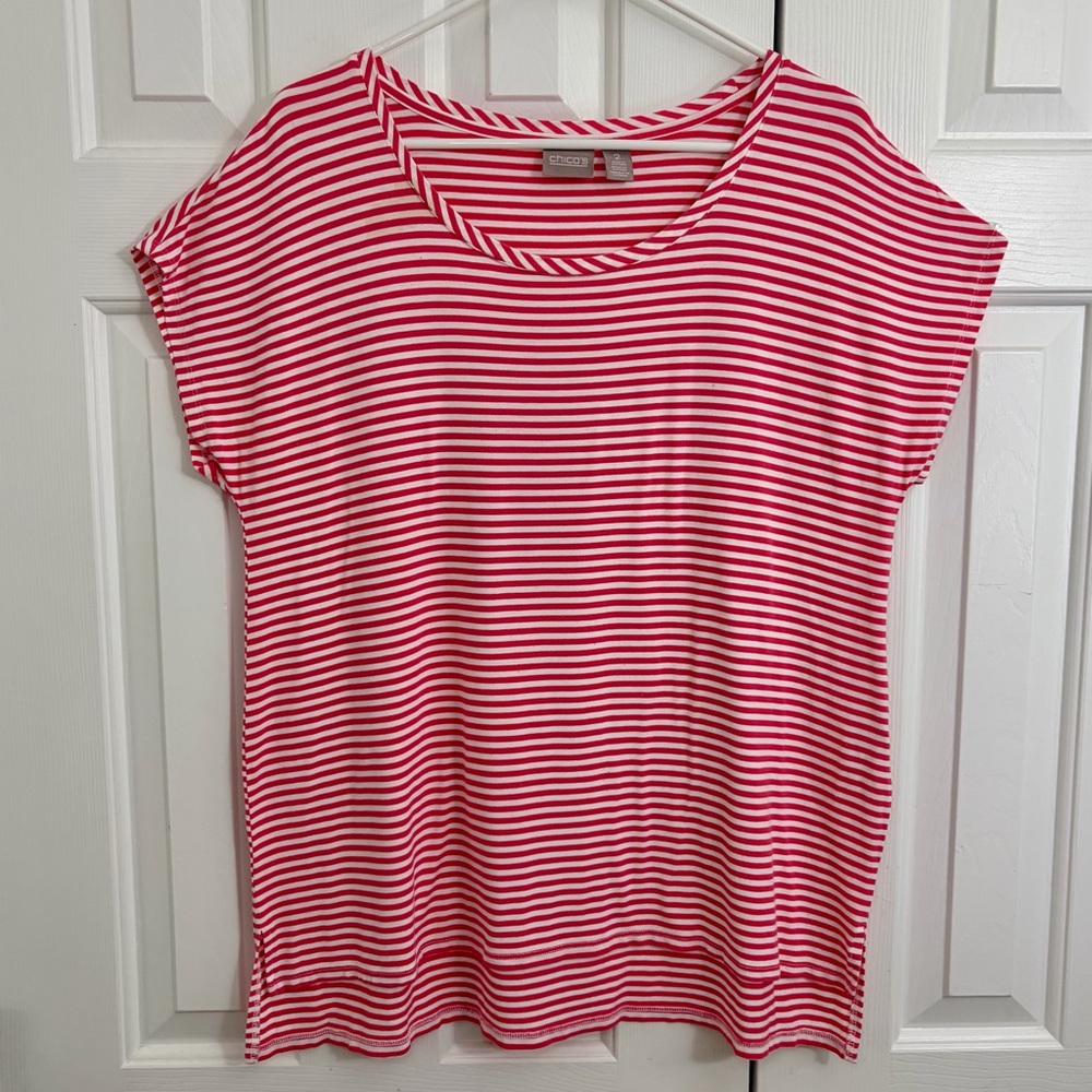 Chico's Red/Dark Pink & White Stripe Short Sleeve Scoop Neck High Low Top Large